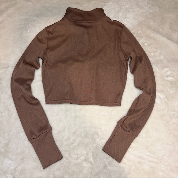 LA + Image Brown Ribbed Half Zip Mock Neck Cropped Long Sleeve Top Size Small - Picture 6 of 9